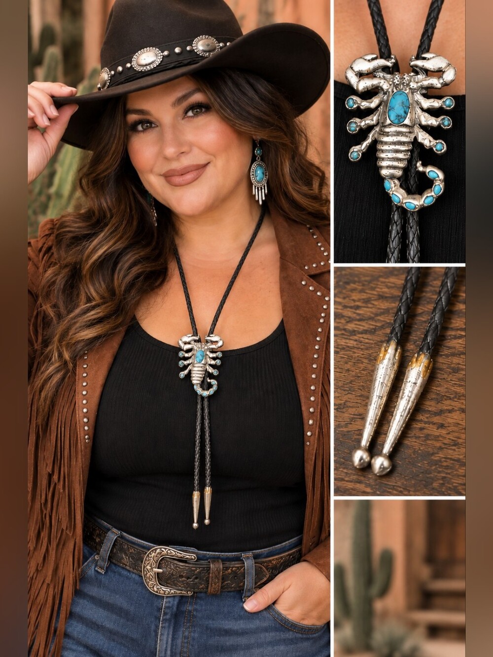 Vintage Southwestern Scorpion Bolo Tie Turquoise Style Silver Tone Western 18"